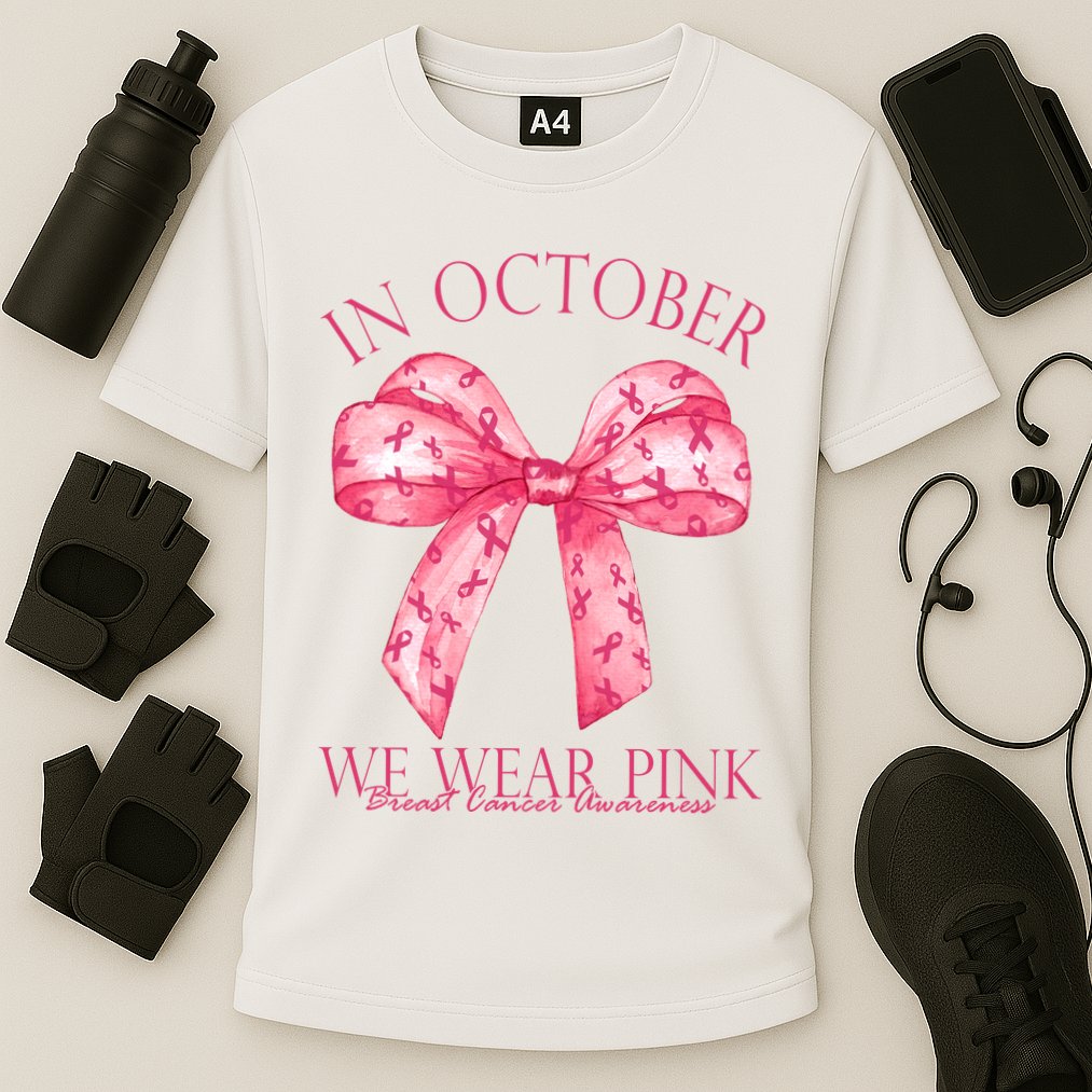 In October We Wear Pink Breast Cancer Awareness Bow Ribbon Cooling Performance Crew T-Shirt