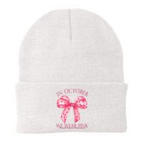 In October We Wear Pink Breast Cancer Awareness Bow Ribbon Knit Cap Winter Beanie