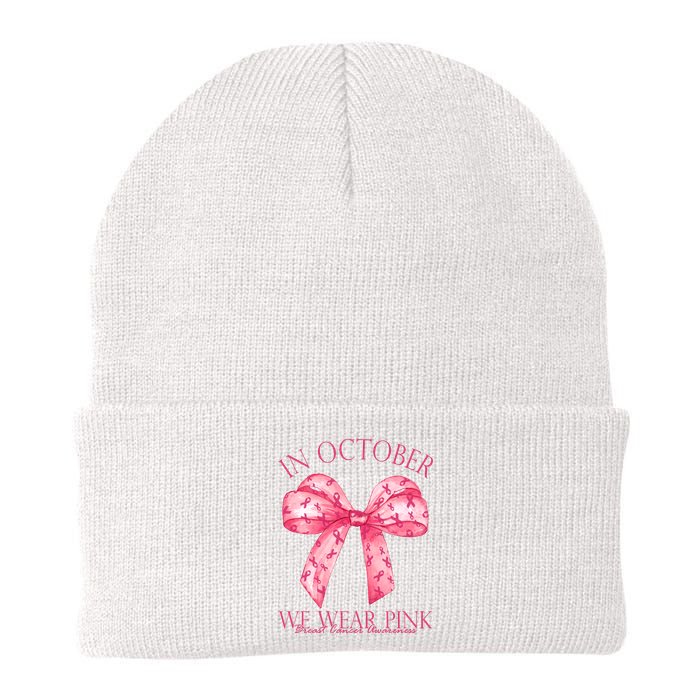 In October We Wear Pink Breast Cancer Awareness Bow Ribbon Knit Cap Winter Beanie