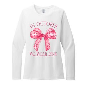 In October We Wear Pink Breast Cancer Awareness Bow Ribbon Womens CVC Long Sleeve Shirt