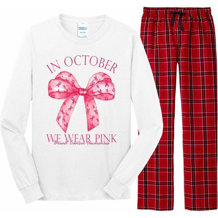 In October We Wear Pink Breast Cancer Awareness Bow Ribbon Long Sleeve Pajama Set