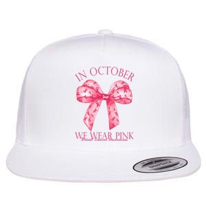 In October We Wear Pink Breast Cancer Awareness Bow Ribbon Flat Bill Trucker Hat