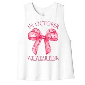 In October We Wear Pink Breast Cancer Awareness Bow Ribbon Women's Racerback Cropped Tank