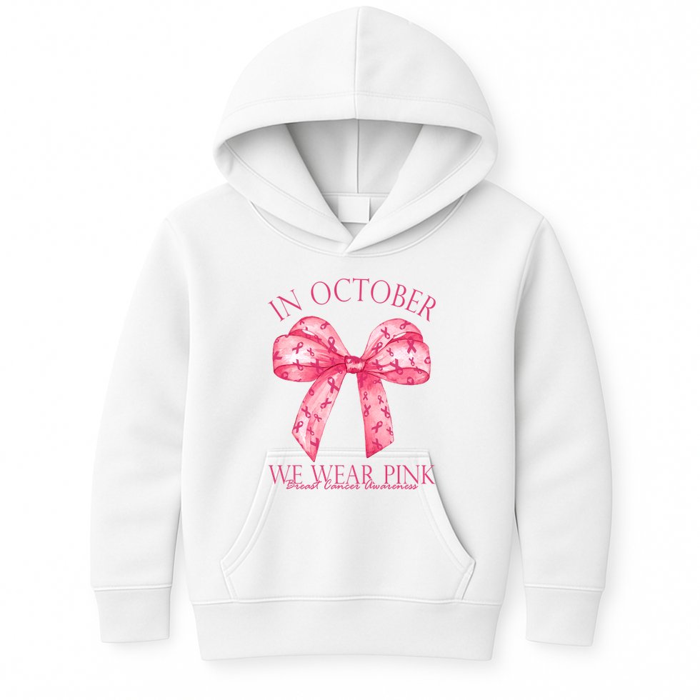 In October We Wear Pink Breast Cancer Awareness Bow Ribbon Kids Hoodie