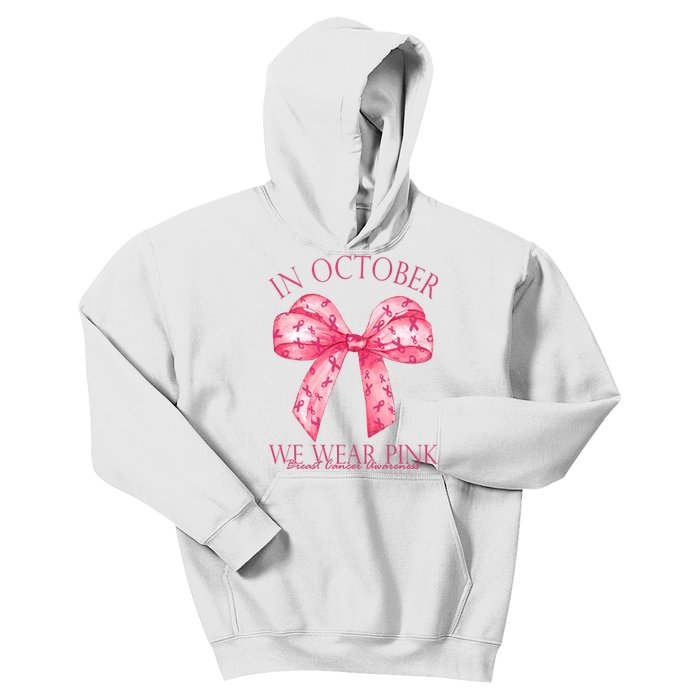 In October We Wear Pink Breast Cancer Awareness Bow Ribbon Kids Hoodie