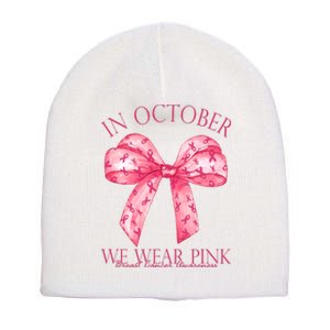 In October We Wear Pink Breast Cancer Awareness Bow Ribbon Short Acrylic Beanie