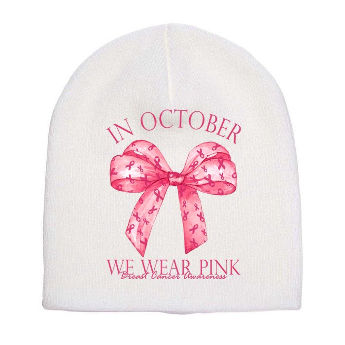 In October We Wear Pink Breast Cancer Awareness Bow Ribbon Short Acrylic Beanie