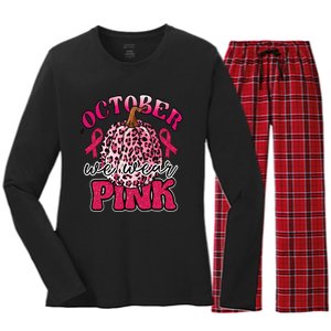 In October We Wear Pink Pumpkin Breast Cancer Awareness Women's Long Sleeve Flannel Pajama Set 