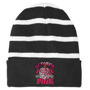 In October We Wear Pink Pumpkin Breast Cancer Awareness Striped Beanie with Solid Band