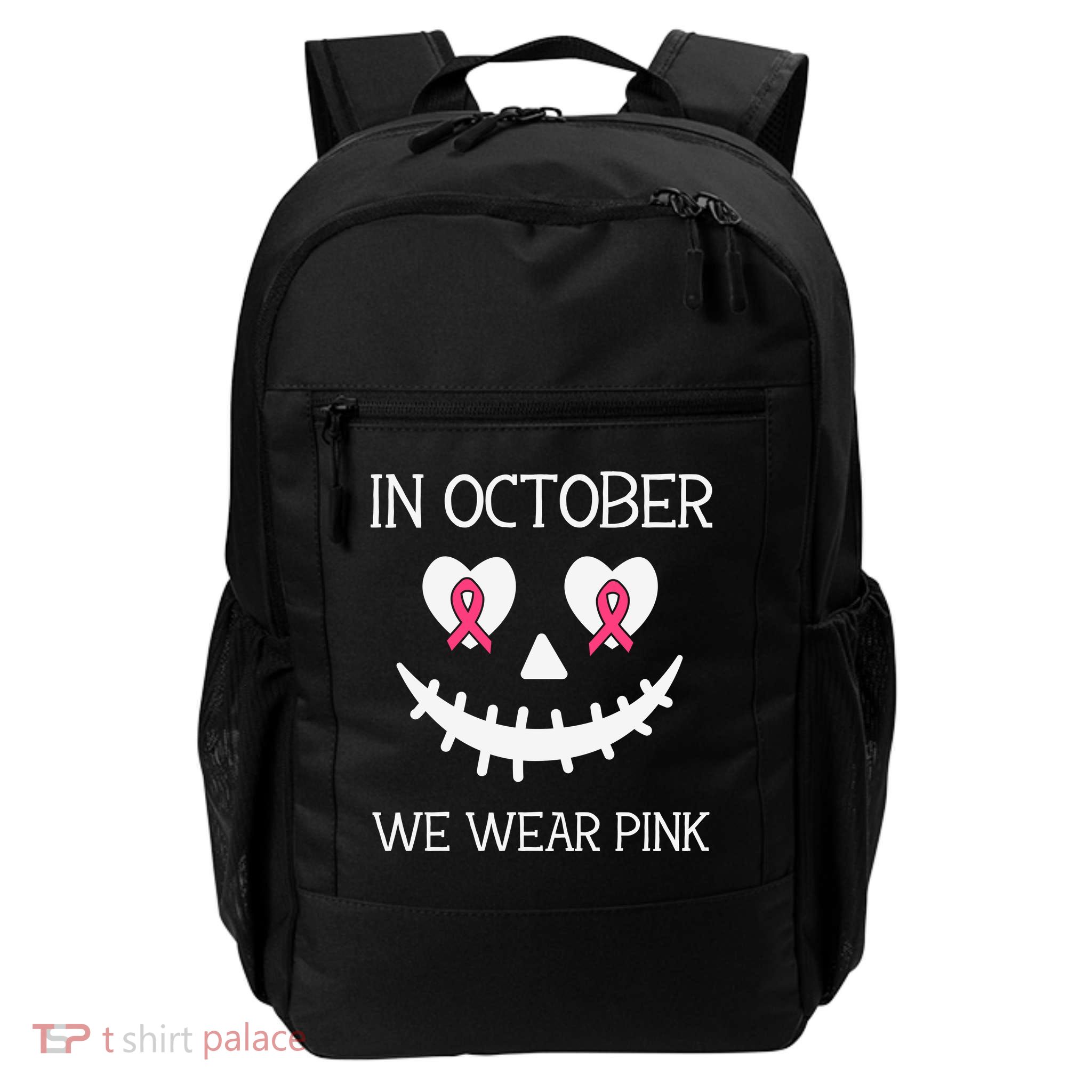 In October We Wear Pink Breast Cancer Halloween Breast Cancer Awareness Backpack