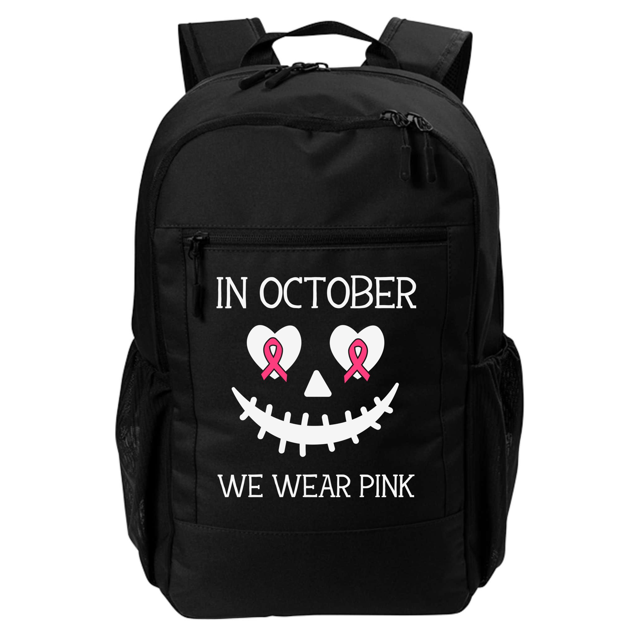 In October We Wear Pink Breast Cancer Halloween Breast Cancer Awareness Backpack