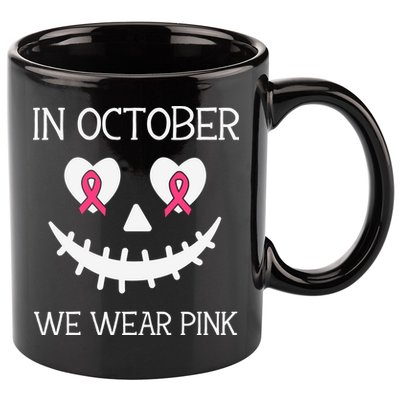 In October We Wear Pink Breast Cancer Halloween Breast Cancer Awareness 11oz C Handle Ceramic Mug