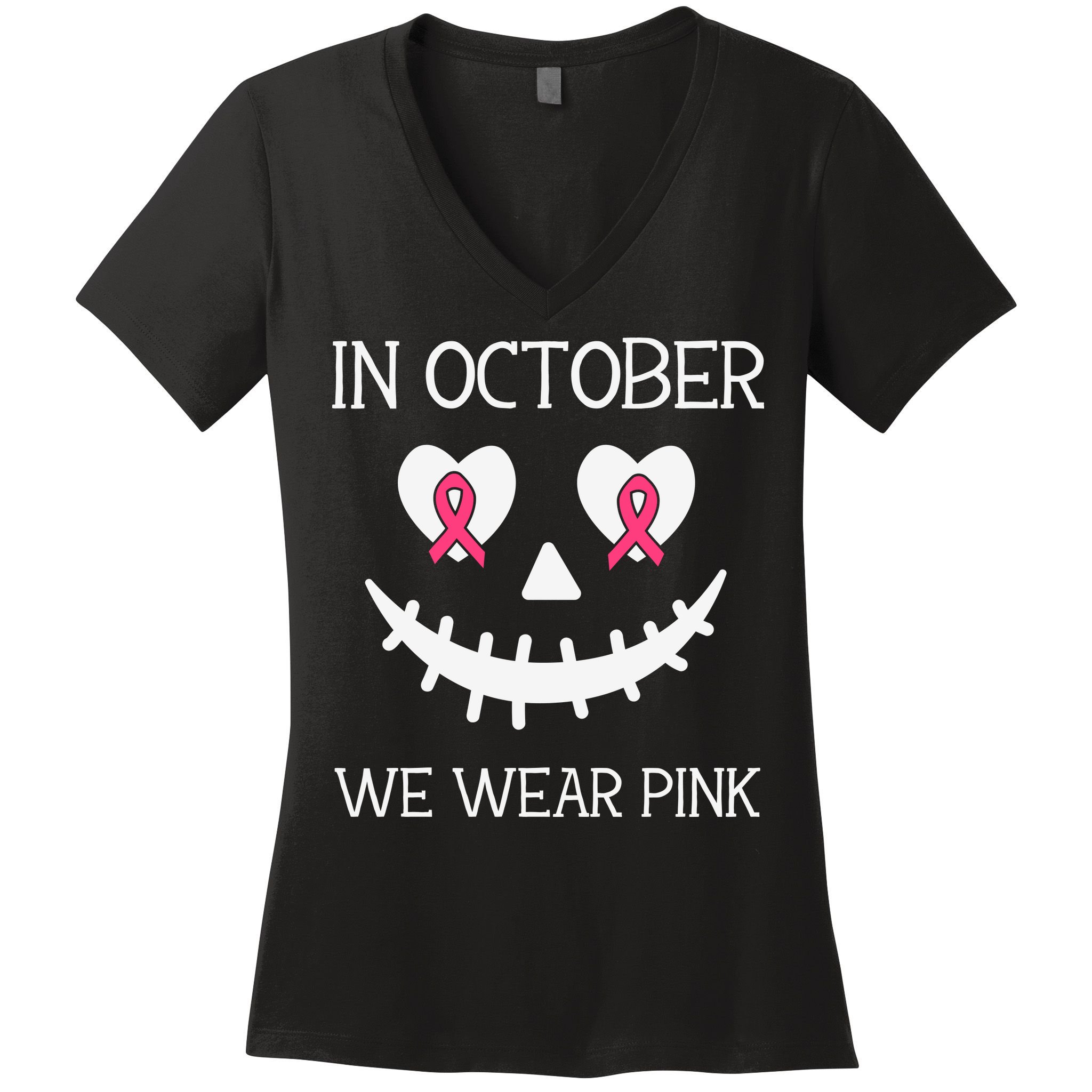In October We Wear Pink Breast Cancer Halloween Breast Cancer Awareness Women's V-Neck T-Shirt