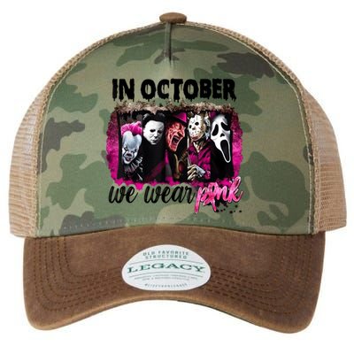 In October We Wear Pink Horror Movie Halloween Breast Cancer Legacy Tie Dye Trucker Hat