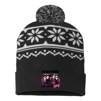 In October We Wear Pink Horror Movie Halloween Breast Cancer USA-Made Snowflake Beanie