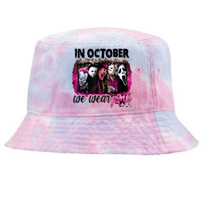 In October We Wear Pink Horror Movie Halloween Breast Cancer Tie-Dyed Bucket Hat