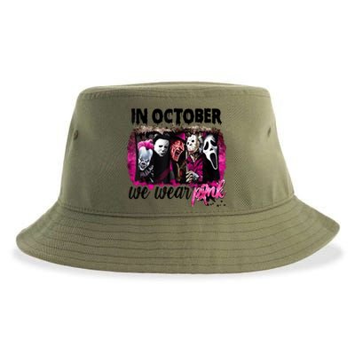 In October We Wear Pink Horror Movie Halloween Breast Cancer Sustainable Bucket Hat