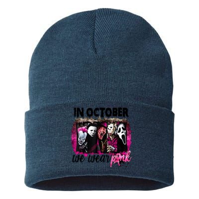 In October We Wear Pink Horror Movie Halloween Breast Cancer Sustainable Knit Beanie