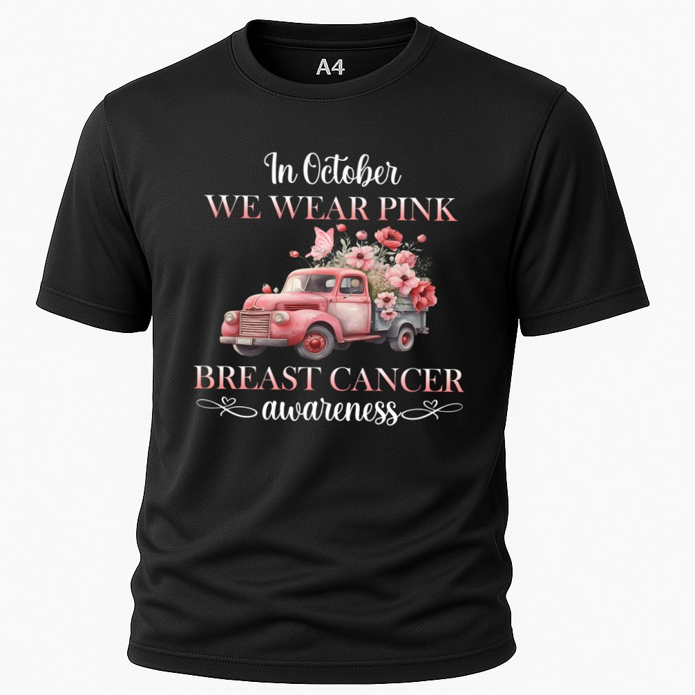 In October We Wear Pink Breast Cancer Floral Truck Cooling Performance Crew T-Shirt