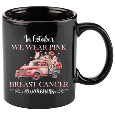 In October We Wear Pink Breast Cancer Floral Truck 11oz C Handle Ceramic Mug