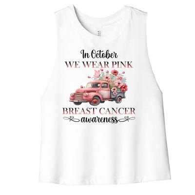 In October We Wear Pink Breast Cancer Floral Truck Women's Racerback Cropped Tank