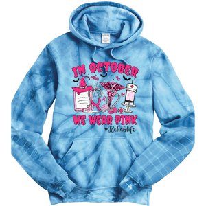 In October We Wear Rehab Life Rehab Nurse Breast Cancer Tie Dye Hoodie