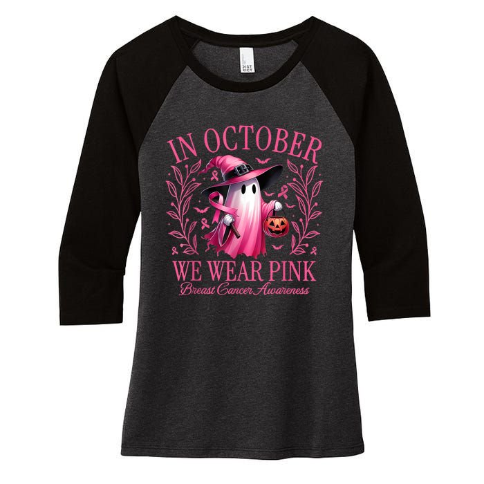 In October We Wear Breast Cancer Awareness Halloween Women's Tri-Blend 3/4-Sleeve Raglan Shirt