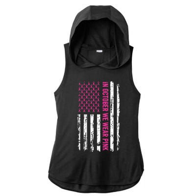 In October We Wear Pink Ribbon Breast Cancer American Flag Ladies PosiCharge Tri-Blend Wicking Draft Hoodie Tank