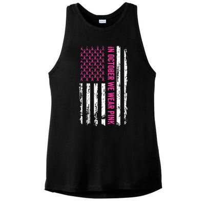 In October We Wear Pink Ribbon Breast Cancer American Flag Ladies PosiCharge Tri-Blend Wicking Tank