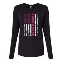 In October We Wear Pink Ribbon Breast Cancer American Flag Womens Cotton Relaxed Long Sleeve T-Shirt