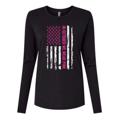 In October We Wear Pink Ribbon Breast Cancer American Flag Womens Cotton Relaxed Long Sleeve T-Shirt