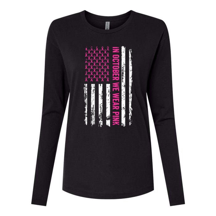 In October We Wear Pink Ribbon Breast Cancer American Flag Womens Cotton Relaxed Long Sleeve T-Shirt