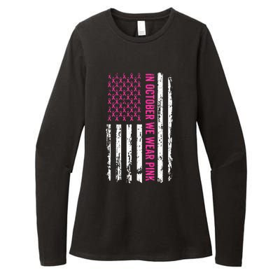 In October We Wear Pink Ribbon Breast Cancer American Flag Womens CVC Long Sleeve Shirt