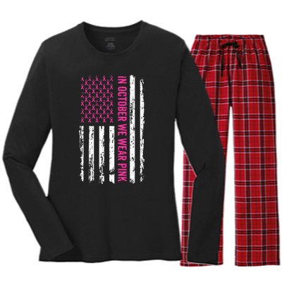 In October We Wear Pink Ribbon Breast Cancer American Flag Women's Long Sleeve Flannel Pajama Set 