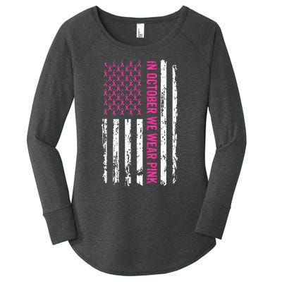 In October We Wear Pink Ribbon Breast Cancer American Flag Women's Perfect Tri Tunic Long Sleeve Shirt