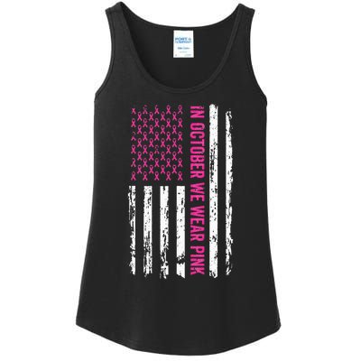 In October We Wear Pink Ribbon Breast Cancer American Flag Ladies Essential Tank