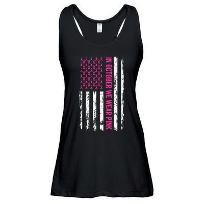 In October We Wear Pink Ribbon Breast Cancer American Flag Ladies Essential Flowy Tank