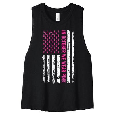 In October We Wear Pink Ribbon Breast Cancer American Flag Women's Racerback Cropped Tank