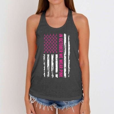 In October We Wear Pink Ribbon Breast Cancer American Flag Women's Knotted Racerback Tank