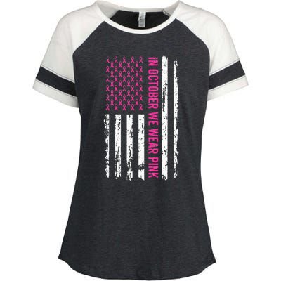 In October We Wear Pink Ribbon Breast Cancer American Flag Enza Ladies Jersey Colorblock Tee