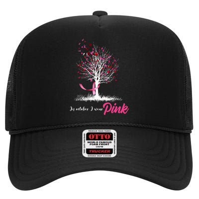 In October We Wear Pink Tree Breast Cancer Awareness High Crown Mesh Back Trucker Hat