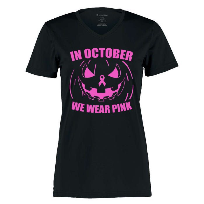 In October We Wear Pink Breast Cancer Halloween Women's Momentum V-Neck T-Shirt