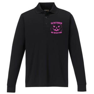 In October We Wear Pink Breast Cancer Halloween Performance Long Sleeve Polo