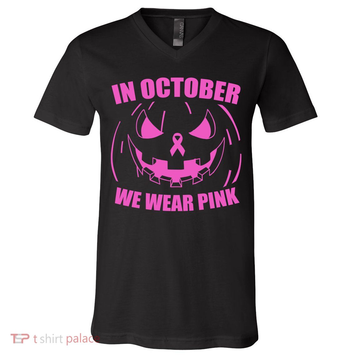 In October We Wear Pink Breast Cancer Halloween V-Neck T-Shirt