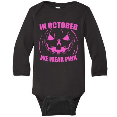 In October We Wear Pink Breast Cancer Halloween Baby Long Sleeve Bodysuit