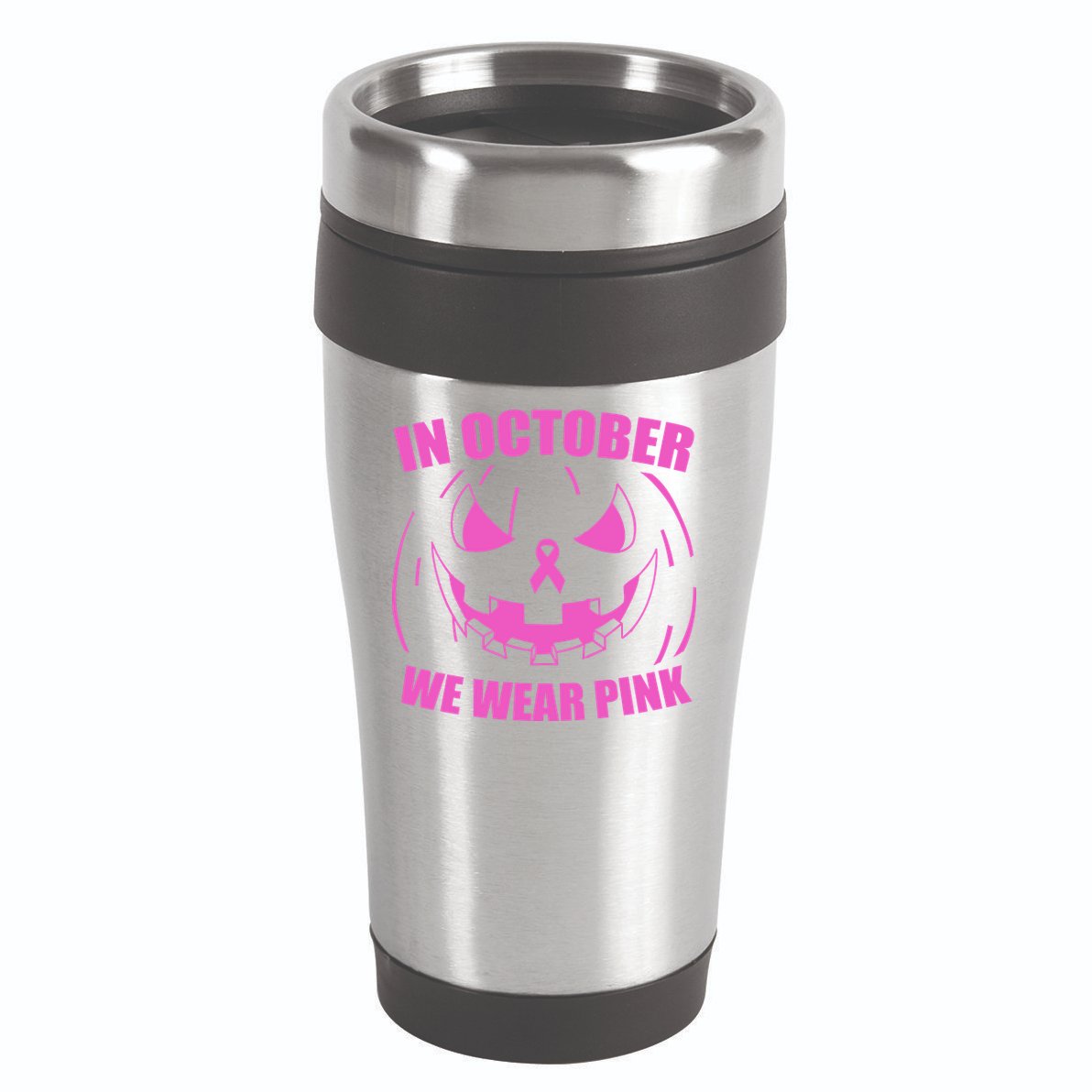 In October We Wear Pink Breast Cancer Halloween 16oz Travel Tumbler