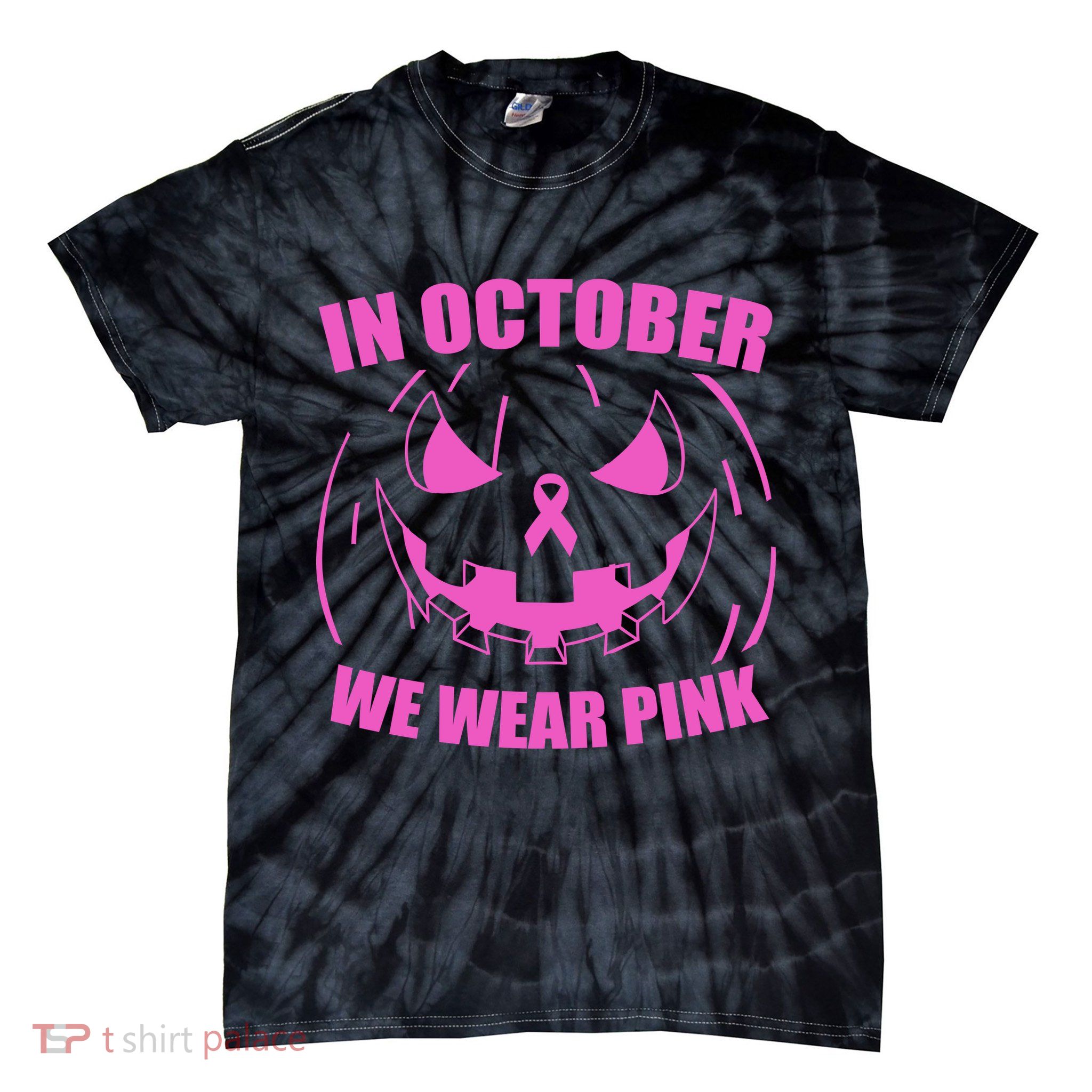 In October We Wear Pink Breast Cancer Halloween Tie-Dye T-Shirt