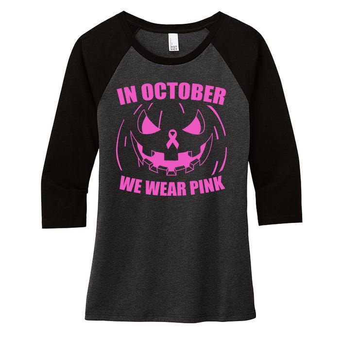 In October We Wear Pink Breast Cancer Halloween Women's Tri-Blend 3/4-Sleeve Raglan Shirt