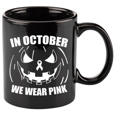 In October We Wear Pink Halloween Breast Cancer 11oz C Handle Ceramic Mug