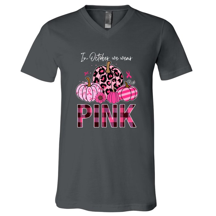 In October We Wear Pink Breast Cancer Awareness Funny Pumpkin Gift V-Neck T-Shirt